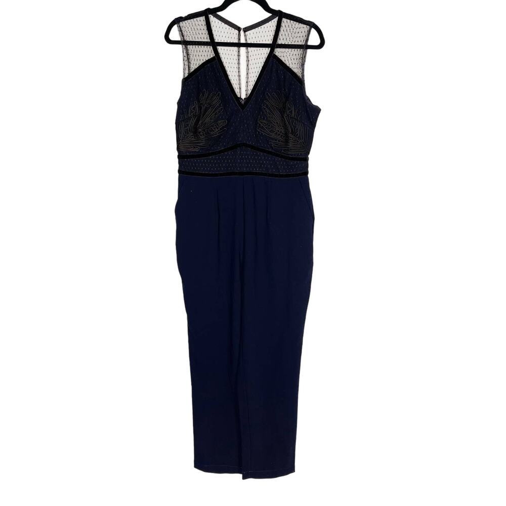 Harlyn Large L Navy Blue Black Lace Illusion Neck Jumpsuit Sleeveless Overlay
